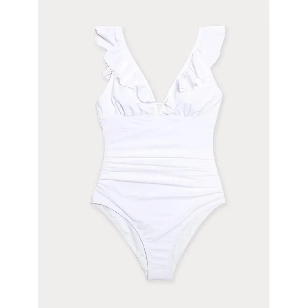 Women's White Ruffled One Piece Swimsuit V Neck Lace Up - Picture 3 of 5